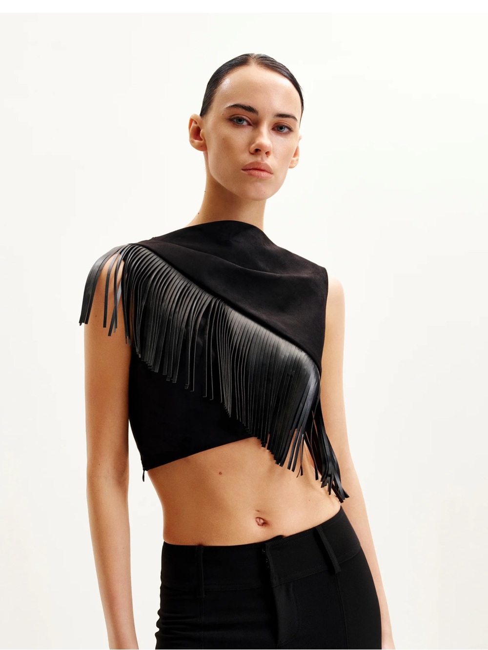 JW PEI Black Asymmetric Fringe Crop Top